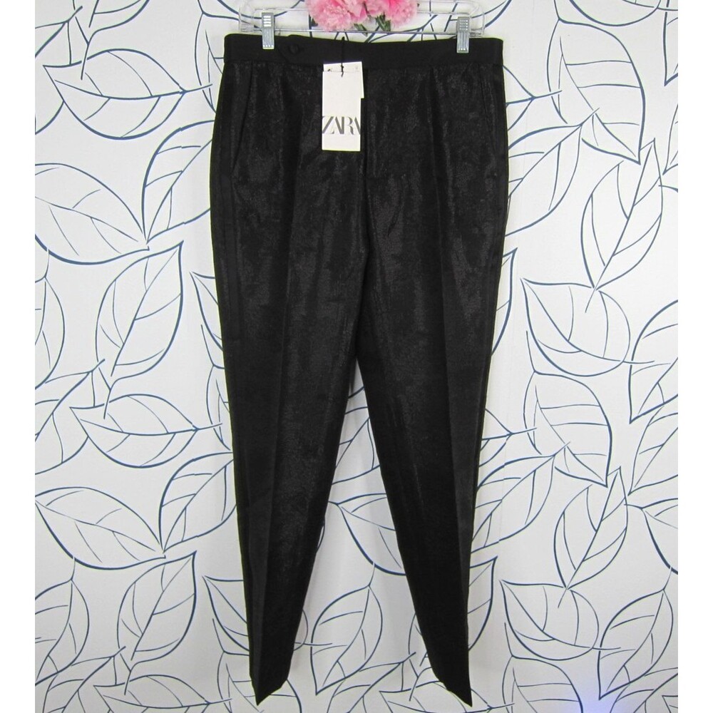 Zara Black Shimmer Floral Jacquard Tuxedo Trousers Pants Women's Size L New!